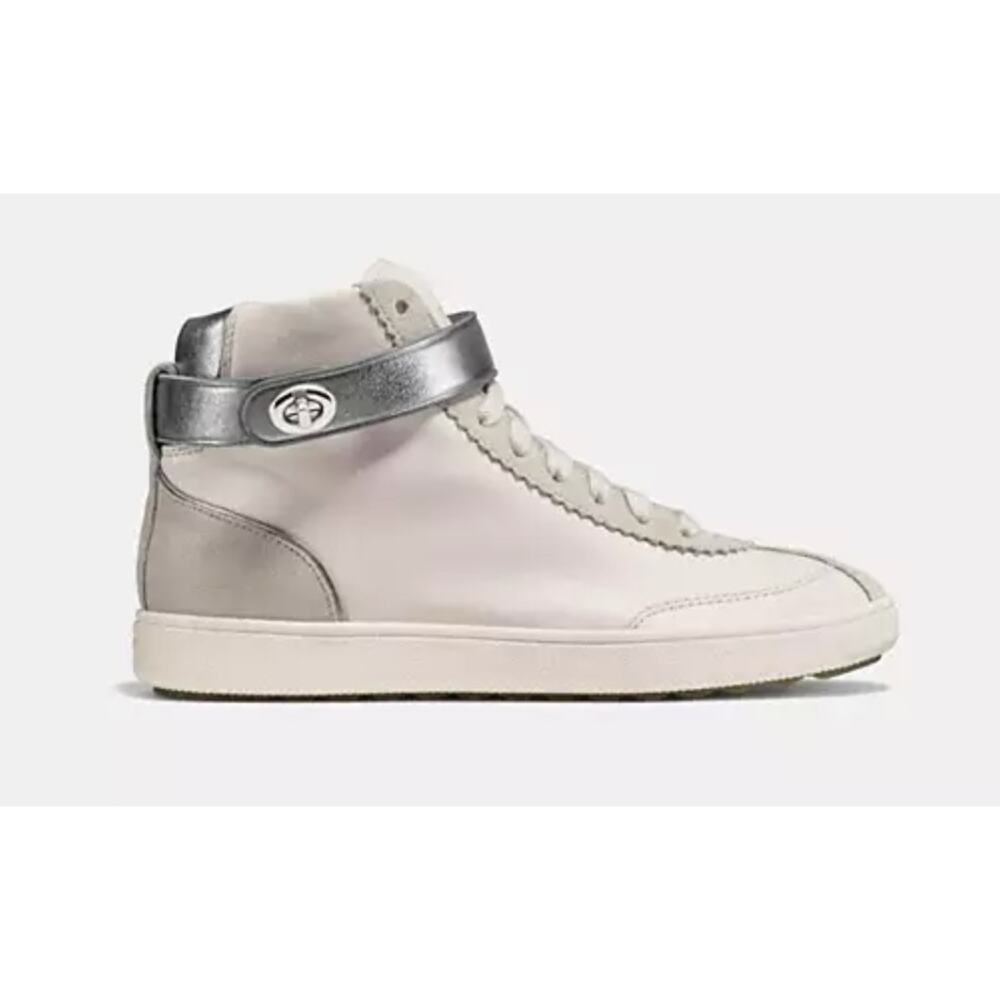 Coach C213 High Top Sneakers White Silver Leather Suede 9.5 - Picture 2 of 14